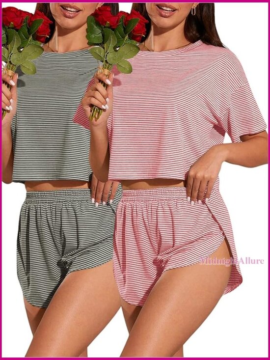 Other - 2 Pack Striped Short Sleeve Pajama Set with Split Shorts
